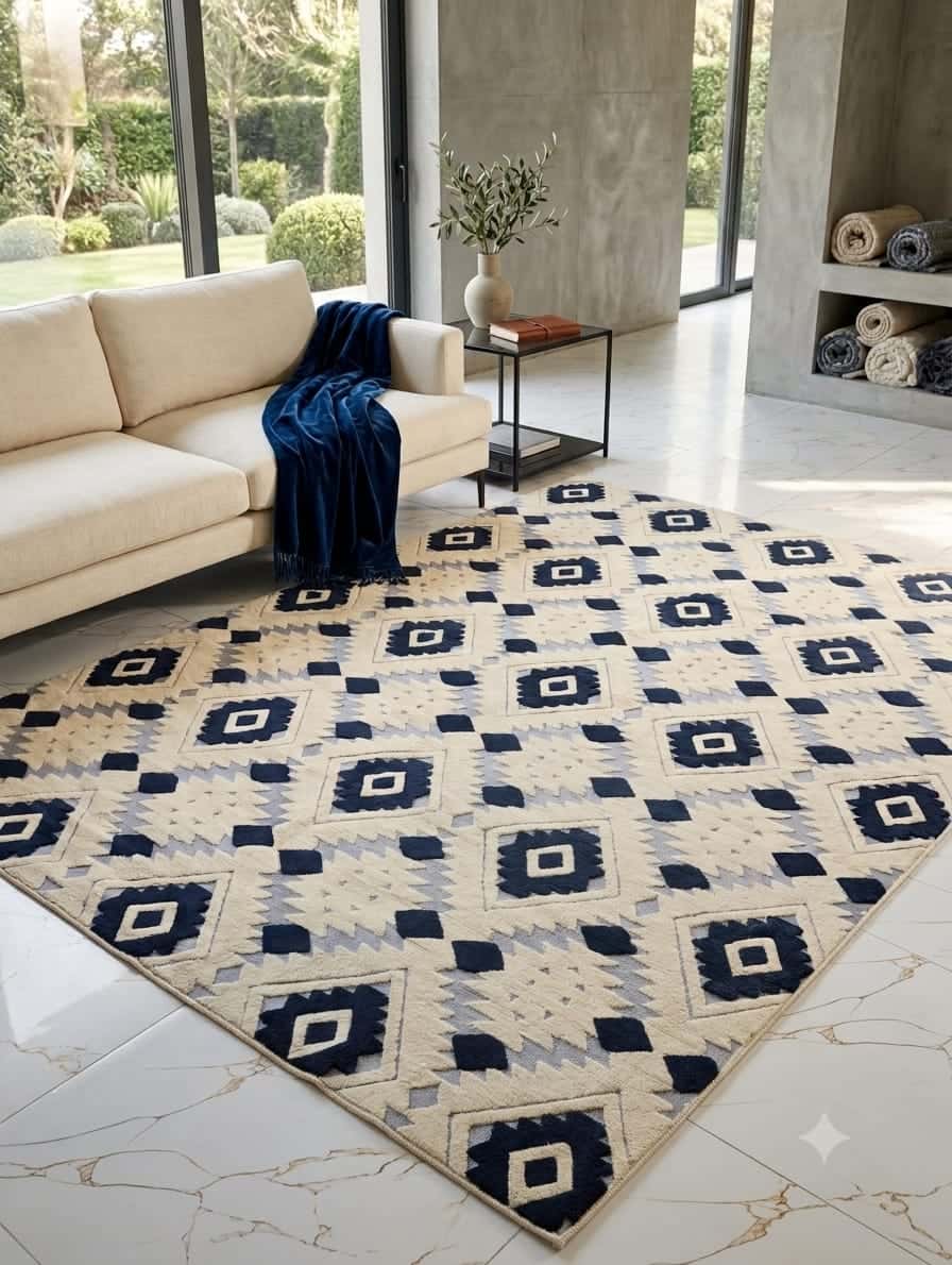 Tapis Kilim en Laine Artisanale 3m x 2m - Maison Géométrique (Bleu & Beige)