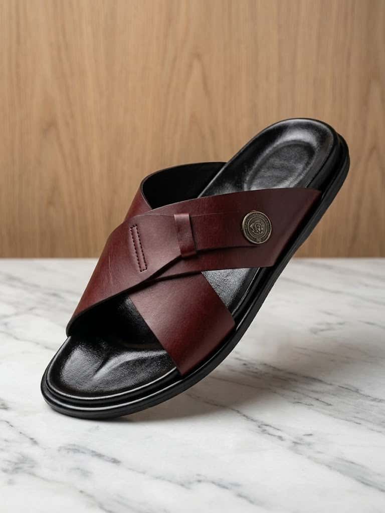 Sandales Mules Orthopédiques Homme en Cuir Croisé – Marron / Bordeaux