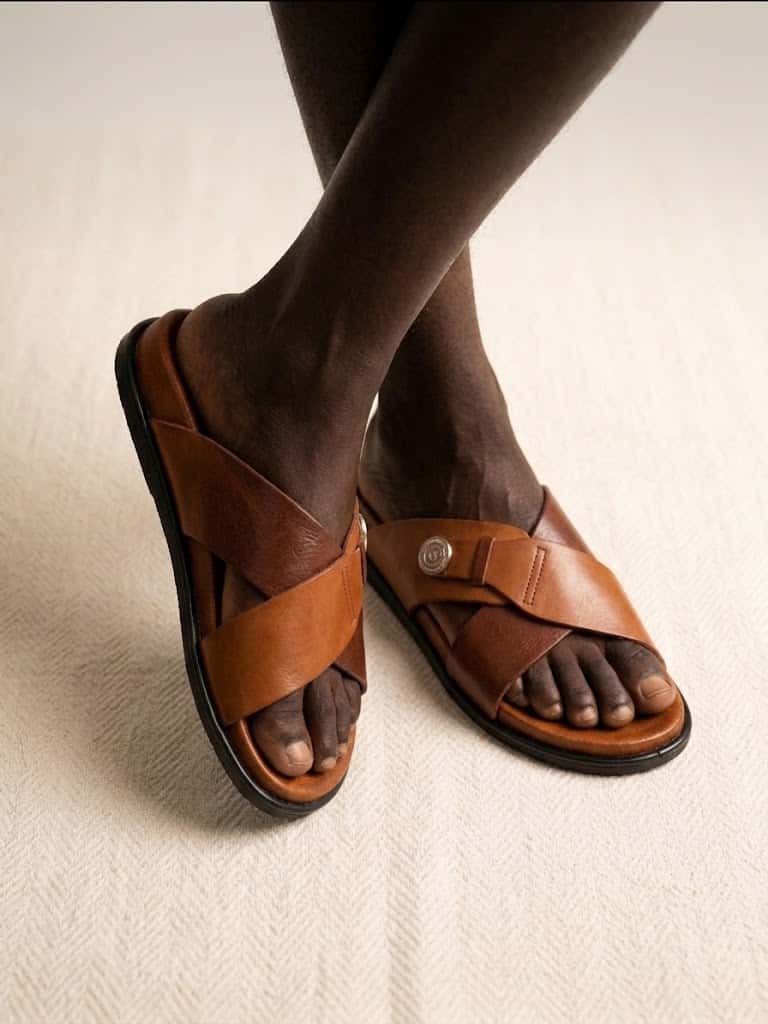 Sandales Mules Homme en Cuir Véritable – Marron Cognac