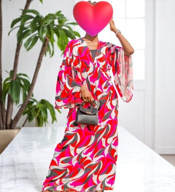 Robe Kaftan Longue à Imprimé Abstrait Multicolore